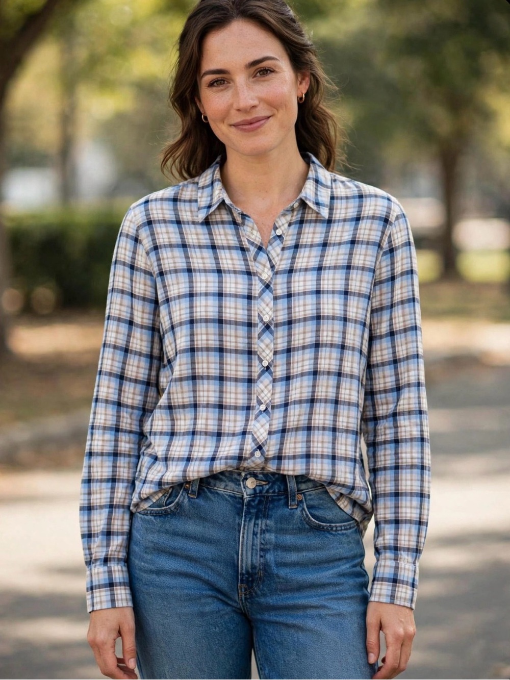 Joie Blue and White Plaid Button-Down Shirt